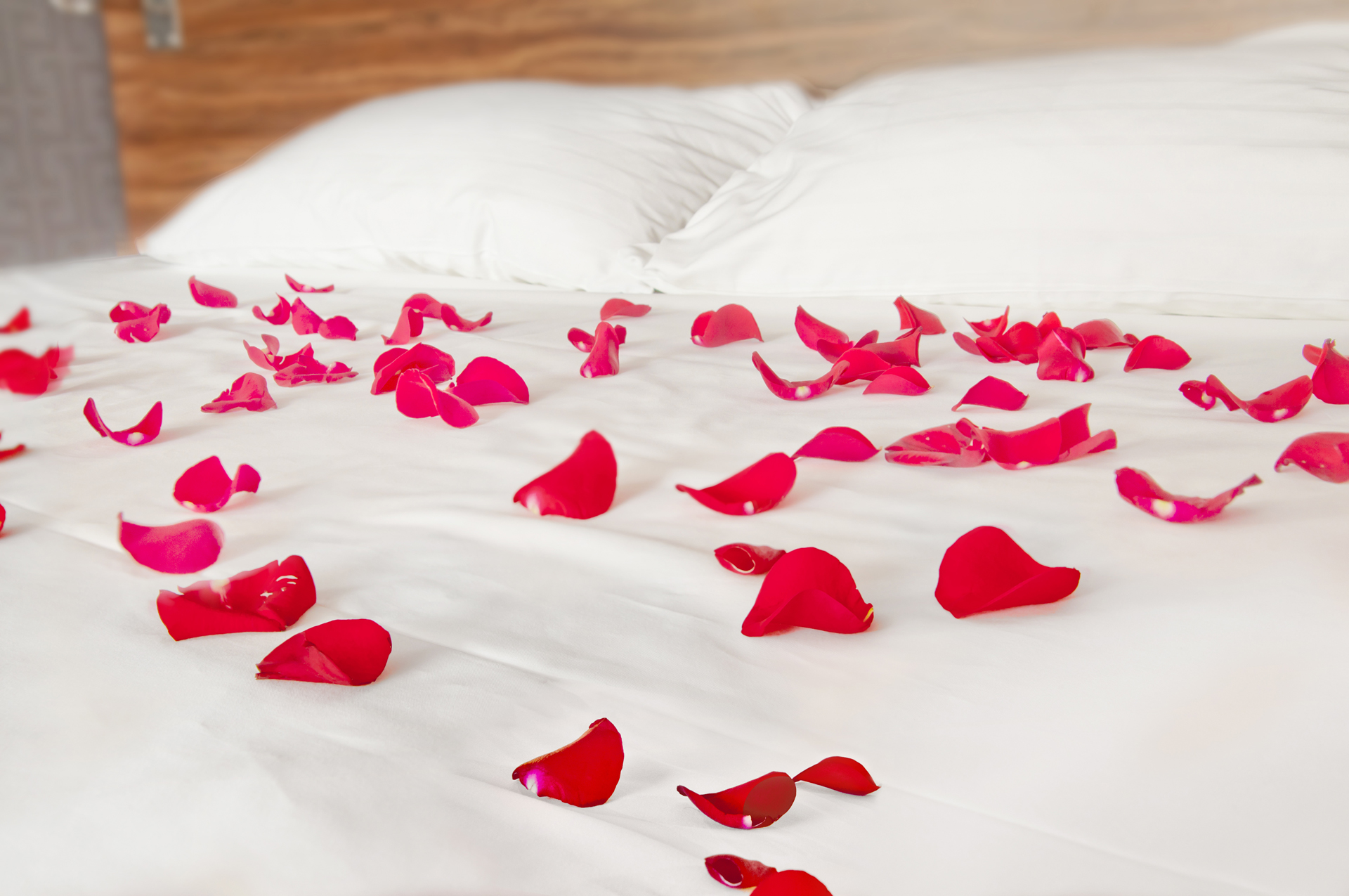 сердце из лепестков роз на кровати