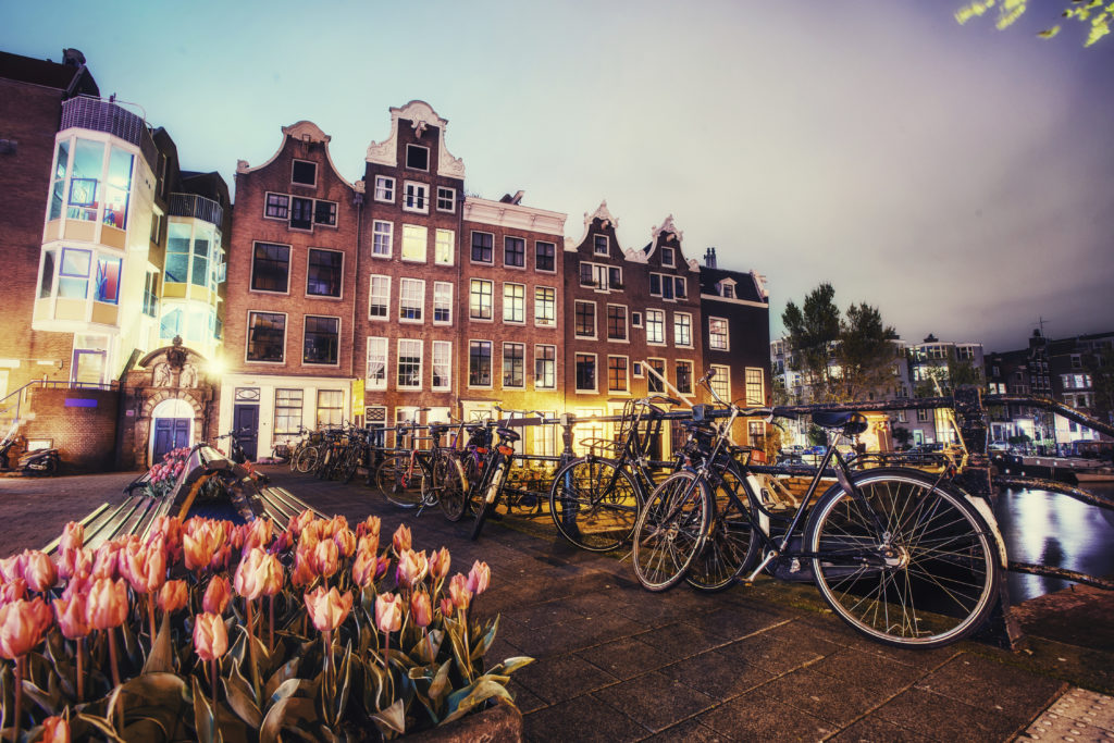 Beautiful calm night view of Amsterdam city.