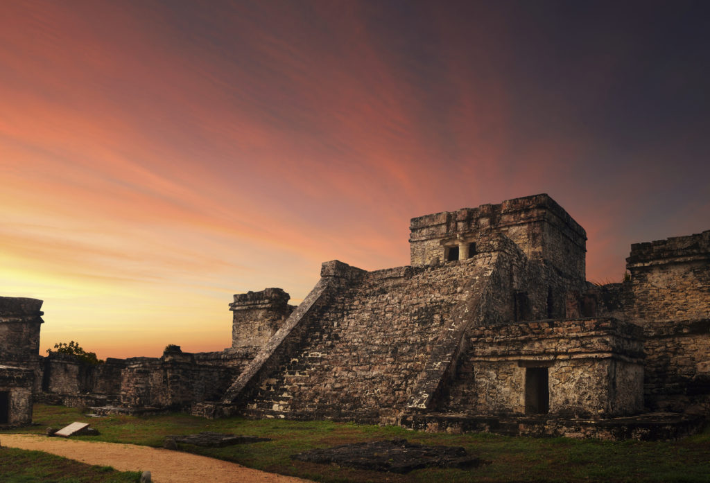 Castillo fortress at sunset in ancient Mayan city of Tulum,